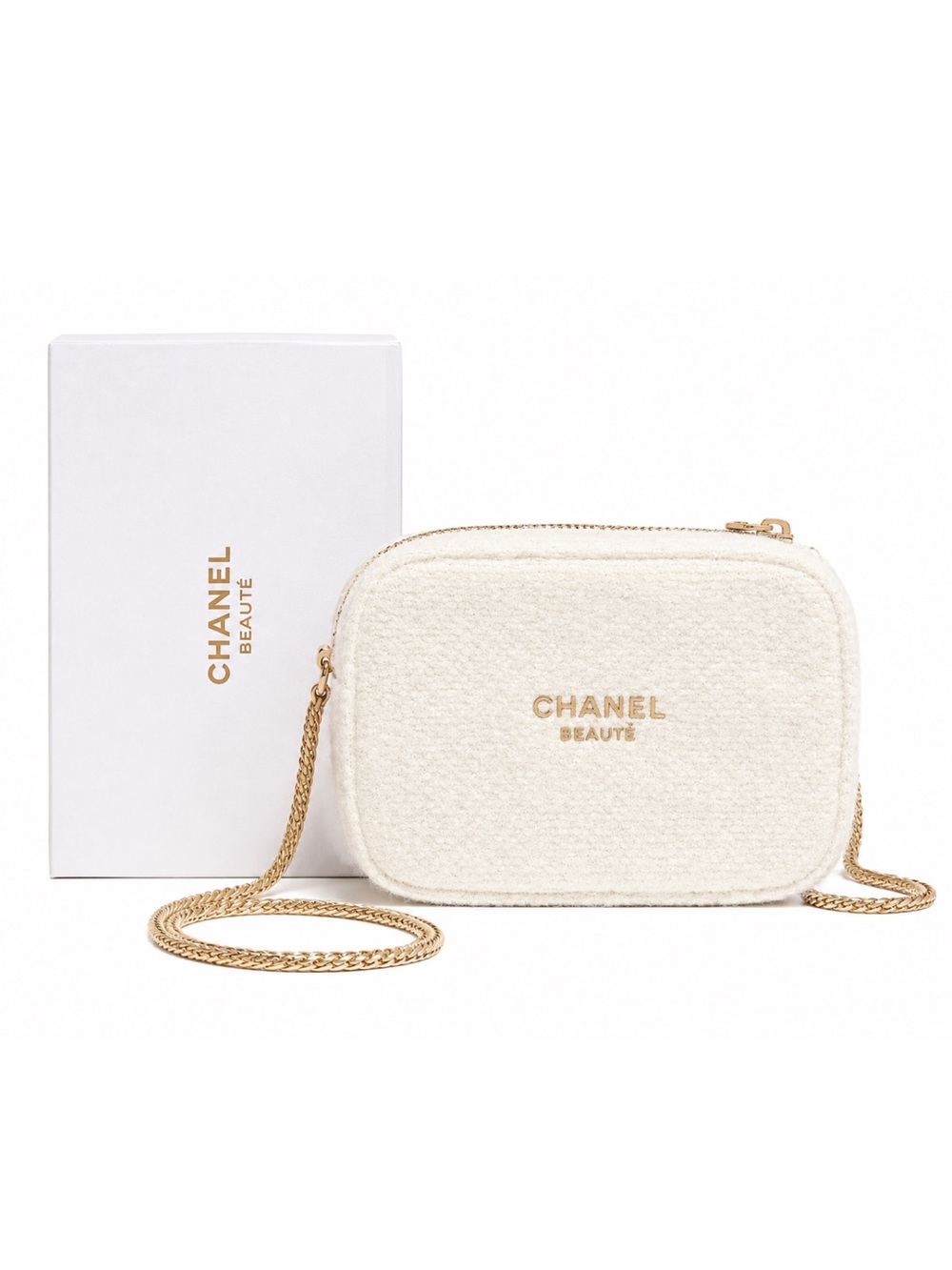 CHANEL Cream Bouclé Beaute Crossbody with Gold Chain